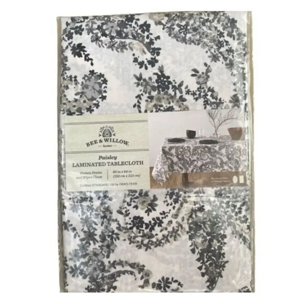 Bee & Willow Gray Paisley Laminate‎ Tablecloth 60x84 Resists Stains Wipe Clean